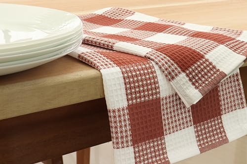 Waffle Weave Plaid Dish Cloth (15 x 25 - 4 Pack / Rust White)