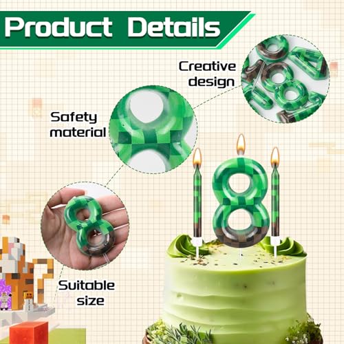 13 Pcs Dynamite Candles 12 TNT Themed Birthday Cake Candles and Number 8 Candle Cake Topper for Pixel Theme Birthday Party Anniversary Party Dynamite Theme Party Video Game Party Supplies (Green+Brown / 8)