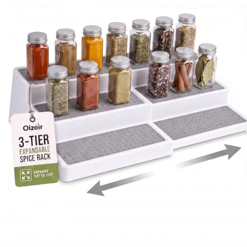 3 Tier Expandable Spice Rack Organizer for Cabinet (1-Pack / White/Grey)