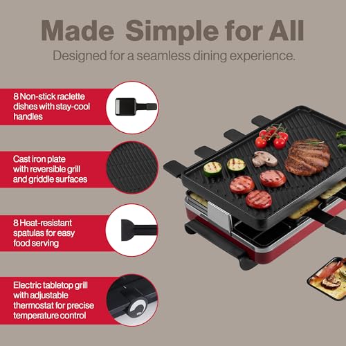 Classic Indoor Electric Raclette Grill (Reversible Cast Iron Grill Plate / Red)
