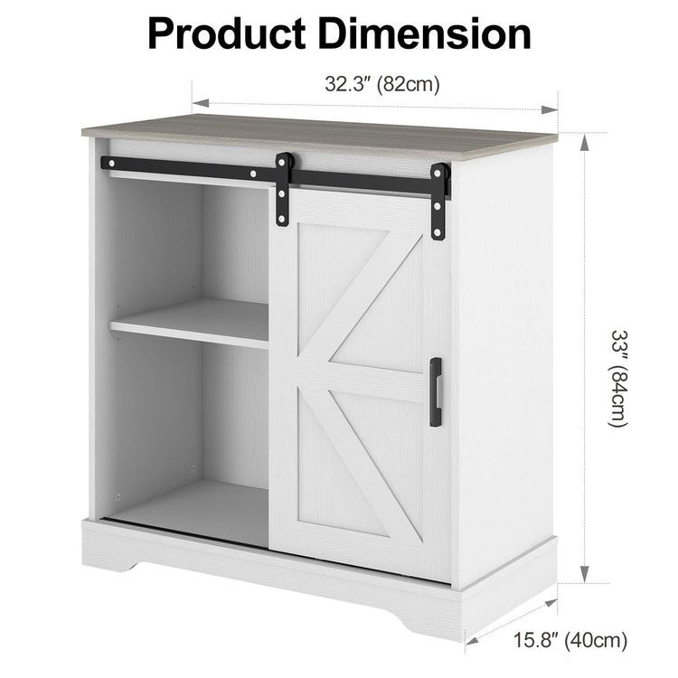 Sliding Barn Door Buffet Sideboard Storage Cabinet Coffee Bar Kitchen Farmhouse Style (White Cabinet Nature Top)