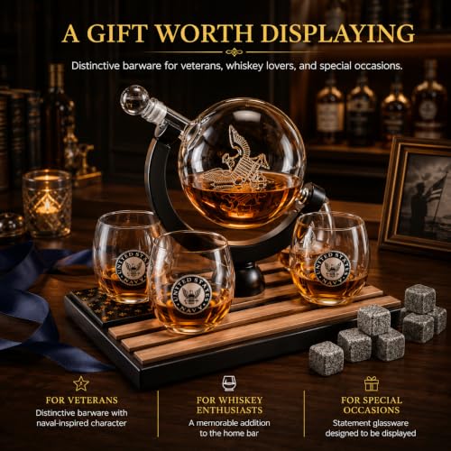 U.S. Navy Globe Whiskey Decanter Set with 4 Liquor Glasses (Navy)