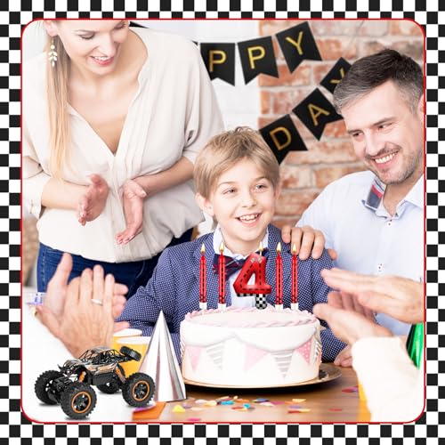 13PCS Racing Car Theme Birthday Candle Set with Checkered Flag Design (Black+White+Red / 4)