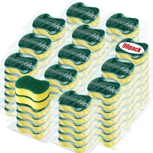 90 Pcs Individually Wrapped Sponges Kitchen Bulk Non Scratch Scouring Sponges for Dishes Household Cleaning Travel Apartments Hotel Car (Yellow Green)