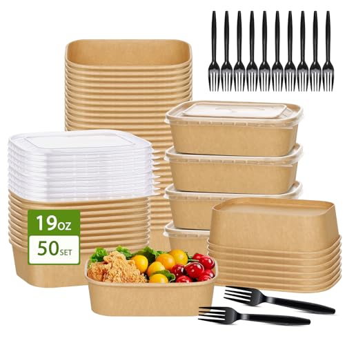 50 Disposable Meal Prep Containers 19oz Kraft Paper Bowls with Lids & Forks (19oz 50 Count / kraft Paper Rectangular)