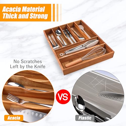 Acacia Silverware Organizer Kitchen Drawer Organizer Expandable Bamboo Utensil Holder Cutlery Tray for Kitchen Utensil and Flatware Bedroom Office Brown 7 Slots (Brown / 7 Slots)
