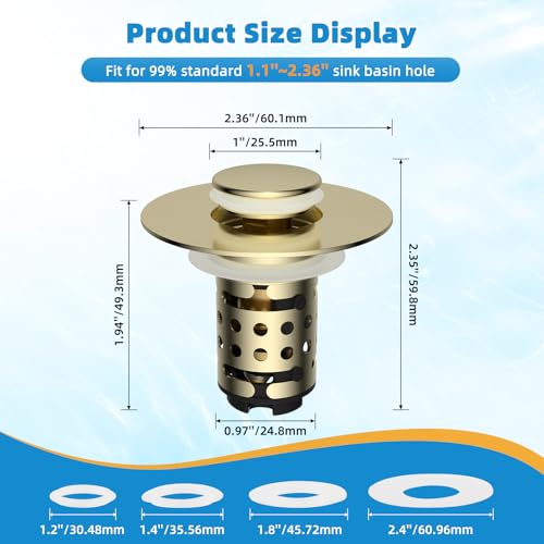 Universal Bathroom Sink Drain Stopper Hair Catcher (Brushed Gold Finish)