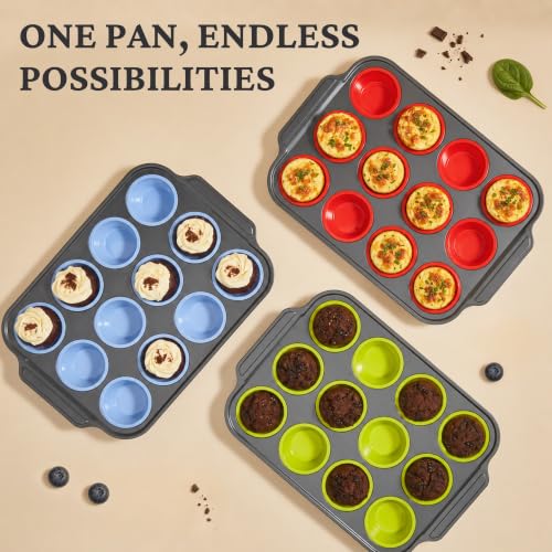 Silicone Muffin Pans for Baking with Metal Frame (Red / 12-Cup Standard)