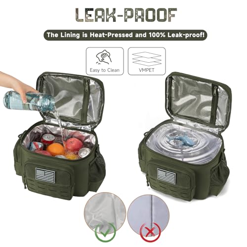 Tactical Lunch Bag for Mens Military Heavy Duty Lunch Box Work Leakproof Insulated Durable Thermal Cooler Bag for Adult Meal for Office Camping Picnic Pail MOLLE Webbing Army Green (Green / 13L)