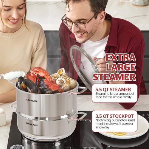 9.3 QT Stainless Steel Steamer Pot for Cooking with Glass Lid (9.3 Quarts)