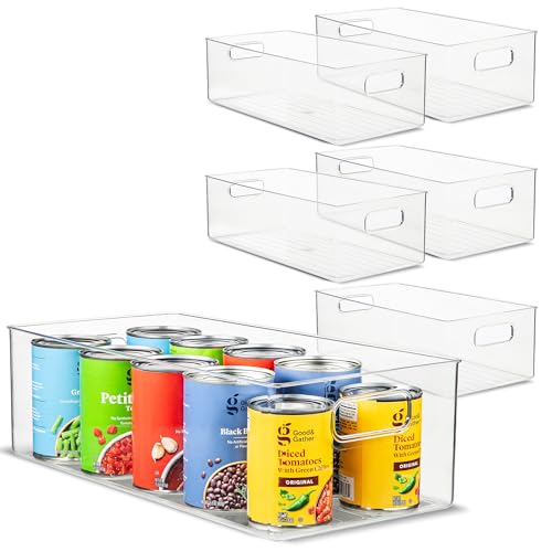 Plastic Food Storage 6 Pack Clear Container Bin with Handles for Organizing Kitchen (16x8x5)