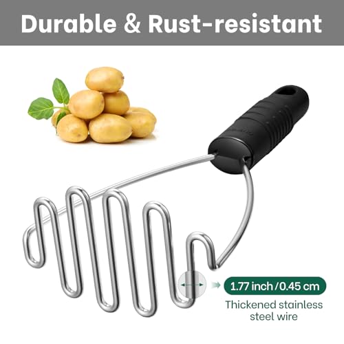 Ergonomic Soft Grip Stainless Steel Potato Masher (Black)