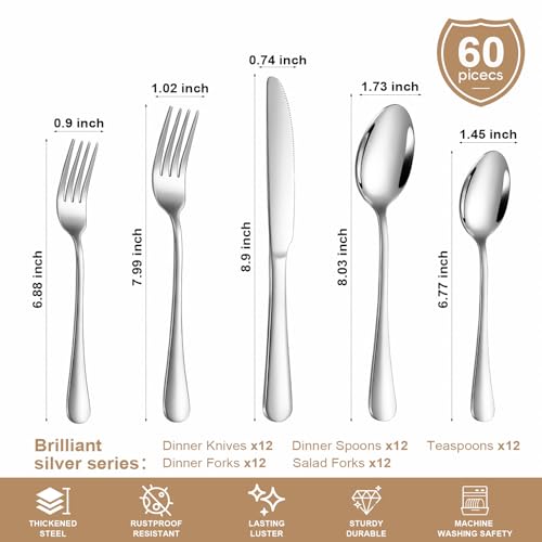 60 Piece Silverware Set for 12 (Silver / 60-Piece)