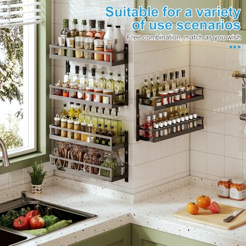 6-Tier Wall-Mounted Spice Rack Organizer with Mixed Basket Sizes, Height-Adjustable Hanging Spice Shelf for Kitchen Pantry Cabinet, Large-Capacity Seasoning Holder, Black (Black / 6x 4.6"D)