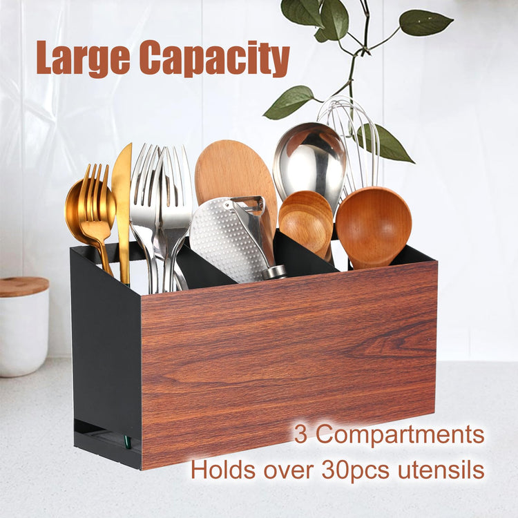 Utensil Holder Large Iron Flatware Container with 3 Compartments Countertop Wall (Black)