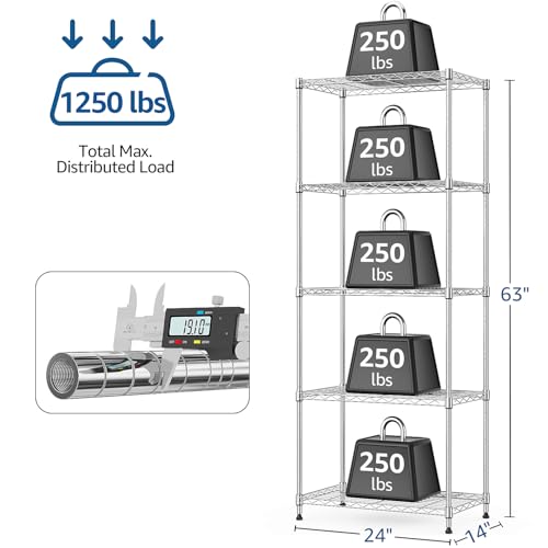 1250 lbs 5 Tier Shelf Metal Storage Shelves Wire Rack Closet Organizers with Wheel for Garage Kitchen Bathroom Laundry Chrome 13.7" D x 23.6" W x 62.4" H (5 tiers, 13.7"D x 23.6"W x 62.4"H / Chrome)