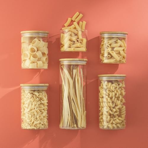 Borosilicate Glass Jars With Bamboo Lids. 6 Pc Set of Air Tight Sealable Containers. Food Jar Canisters with Airtight Lid for Pantry Storage and Kitchen Organization (Bamboo Covers)