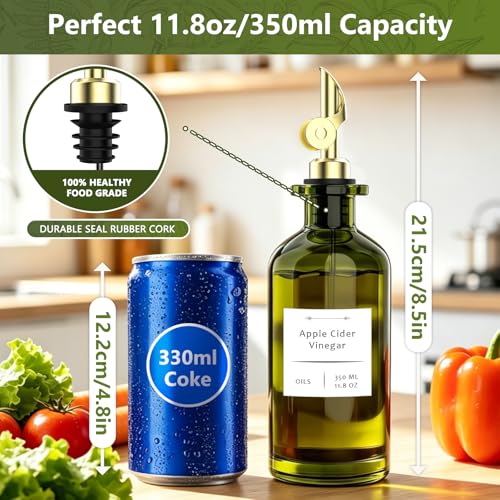 Olive Oil Dispenser Set of 2 (Dark Green Glass / Gold Spouts / 12oz/350ml (Set Of 2))