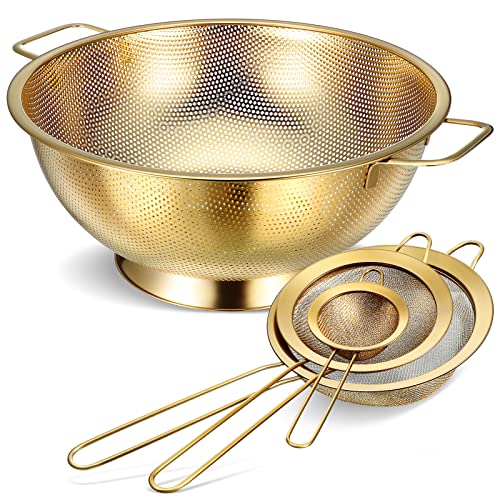 5 Quart Gold Colander and 3 Metal Fine Mesh Strainer Set (5 Quart / Gold)