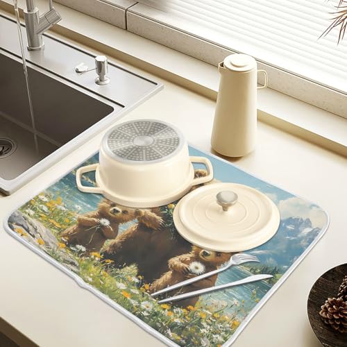 Three Bear Dish Drying Mat for Kitchen Counter Absorbent Microfiber Large Drying Pad Dandelion Wildflowers Dish Mats for Kitchen Countertops 18 x 24 Inch (24" x 18")