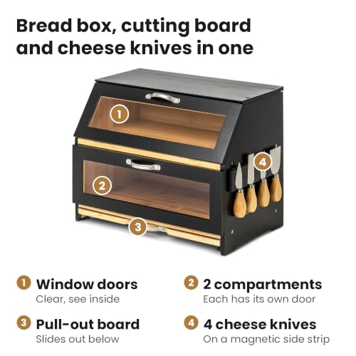 Large 2 Tier Black Bread Box for Countertop with Cutting Board (Black Bamboo)