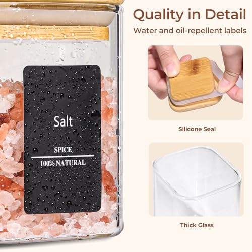 Square Glass Spice Jars with Labels 10 oz 6 Pack with Bamboo Lids (10 fl oz x 6 - Square)