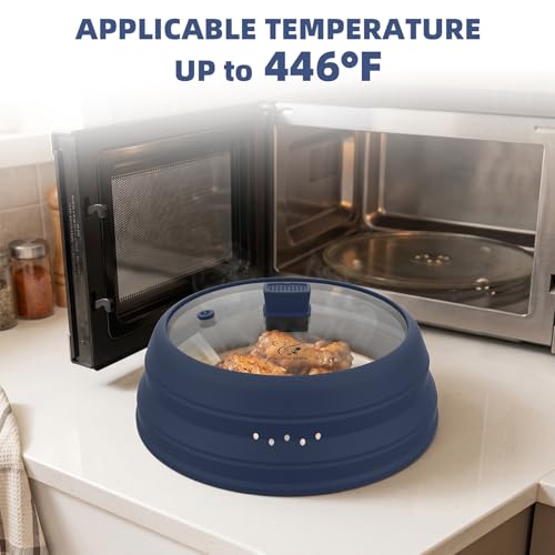 Microwave Splatter Cover Glass Guard Lid with Collapsible Silicone for Food Pot Plate Cover 9.8 inch Dark Blue (DARK BLUE / 9.8 inch)