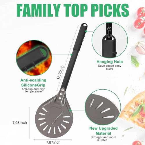 Pizza Turning Peel 8 Inch Round Aluminum Perforated Pizza Peel Turner with Metal Handle Pizza Paddle for Homemade Pizza Oven Accessories (8" Perforated Pizza Peel-1)