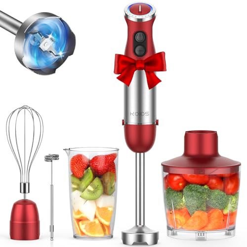 5-in-1 Hand Immersion Blender, 1000W 12 Speed Handheld Blender Stick with Copper Motor Stainless Steel Blade, 600ml Mixing Beaker,500ml Food Processor, Whisk, Milk Frother, Non-BPA, Red (Red)