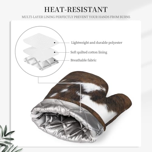Cow Print Oven Mitts and Pot Holders Set of 4 Silicone Brown Cowhide Kitchen Mitten Gloves and Non (Brown)