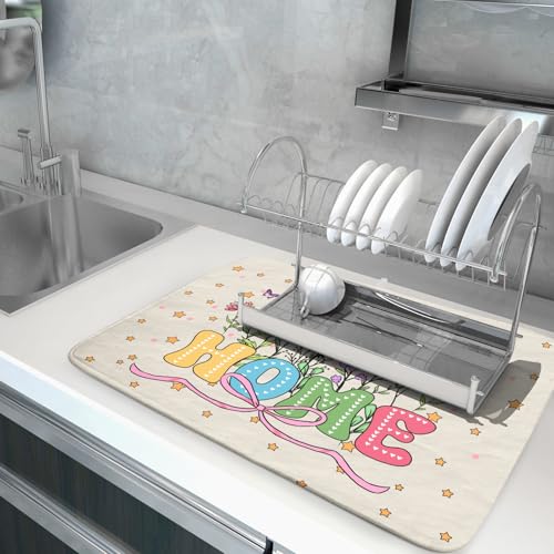 Colorful Home Dish Drying Mat Cute Home Microfiber Absorbent Kitchen Counter Pad 18 X 24 in for Dining Coffee Bar Decor (Cute Home 18 / 24" x 18")