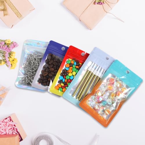 200 Pack Resealable Mylar Holographic Bags Food Storage Smell Proof Bags with Front Window Foil Packaging Pouch for Candy Sample Jewelry Small Business 4.13×5.91 Inch (4.1×5.9 inch / Blue Fade Orange)