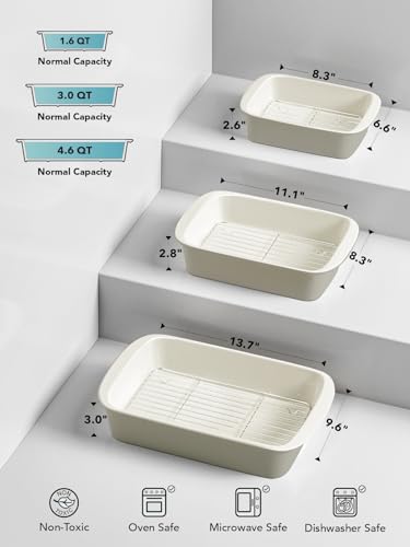 Ceramic Casserole Dishes for Oven with 304 Racks (Oatmeal Greige / 13.7"+11"+8.3")