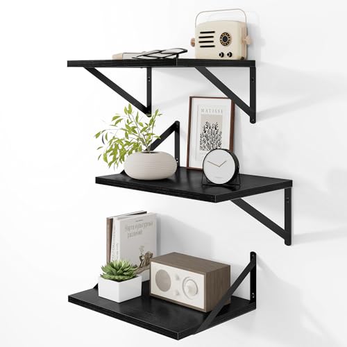 16W x 12D Deep Floating Shelves Set of 3 Black (Black With Black Metal Bracket / 16Wx12Dx5.8H)