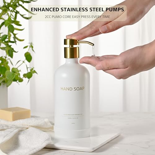 Glass Kitchen Soap Dispenser Set with Ceramic Tray (White Bottles + Gold Pumps)
