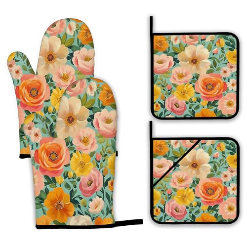 Vintage Pink Poppy Oven Mitts and Pot Holders (Vintage Pink Poppy Floral Flower)