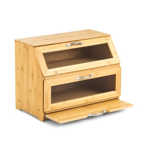 Large 2 Tier Bamboo Bread Box for Countertop with Cutting Board (Natural Bamboo)