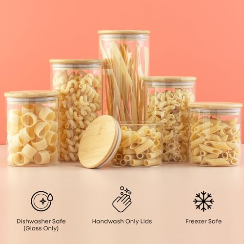 Borosilicate Glass Jars With Bamboo Lids. 6 Pc Set of Air Tight Sealable Containers. Food Jar Canisters with Airtight Lid for Pantry Storage and Kitchen Organization (Bamboo Covers)