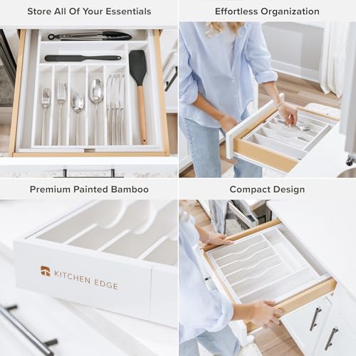Silverware & Utensil Drawer Organizer (White Bamboo / From 14.5" to 25" Wide)
