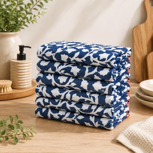 Printed Kitchen Dish Bar and Tea Towels Cotton (Set of 6 (18x28 Inches) / Allover Blue)