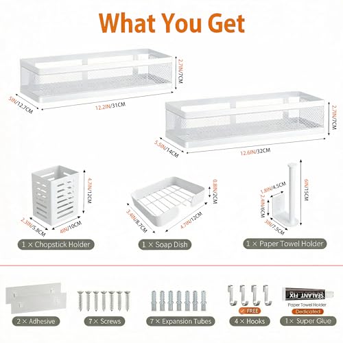 5-in-1 Wide Wall Mount Wrapped Mesh Kitchen Organizer & Shower Caddy Kit, with Paper Towel Holder, Utensil Holder, Soap Dish, Heavy Duty 50LBS - White, Netting (White / 5-in-1 Full Mesh (12.6" Wide))