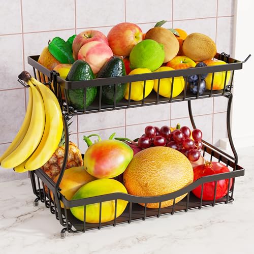 Large 2 Tier Fruit Basket for Kitchen Counter with 2 Banana Hangers (Black)