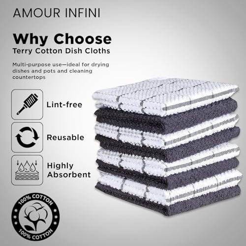 Cotton Kitchen Dish Cloths Set of 8 (Gray Check / 12" x 12" - 8 pack)