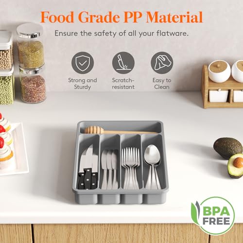 Silverware Drawer Organizer Tray (Gray / 9.1 x 12.6 inch (5 Slots))