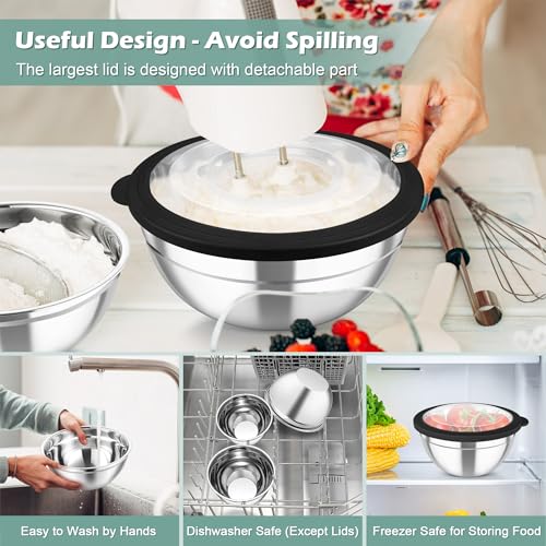 Mixing Bowls 3PCS Stainless Steel Serving Salad Bowls (Black / Transparent Airtight Lids)