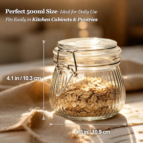 Small Ribbed Glass Jars with Airtight Lids 17 oz 6 Pack Wide Mouth (17 fl oz x 6 - Ribbed)