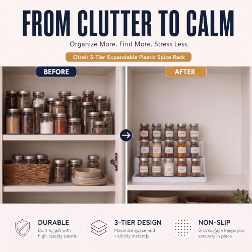 3 Tier Expandable Spice Rack Organizer for Cabinet (1-Pack / White/Grey)