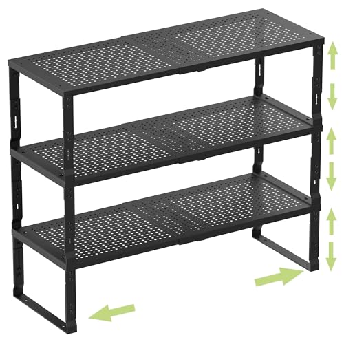 Heavy Duty Adjustable Metal Shelf Organizer (3 Packs/Black / M:7.8"D x 16.5"W x 8.2"H)
