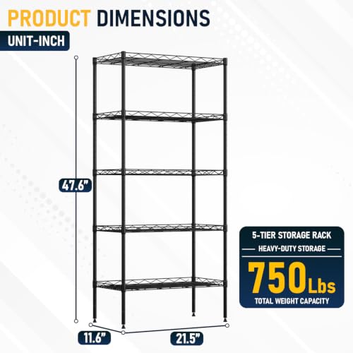 5 Tier Wire Shelf (Black / 22×12×48)