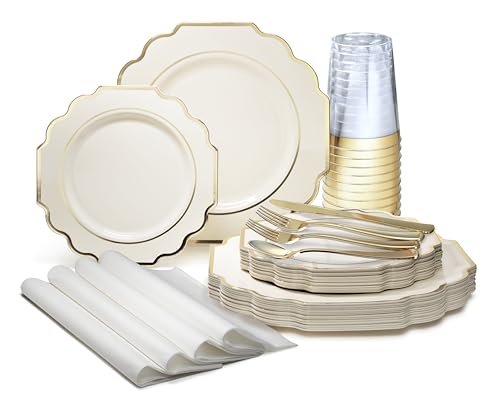 OCCASIONS Disposable Plastic Plates for 120 Guests (960 Piece (120 Guest) / J. Imperial Ivory & Gold)